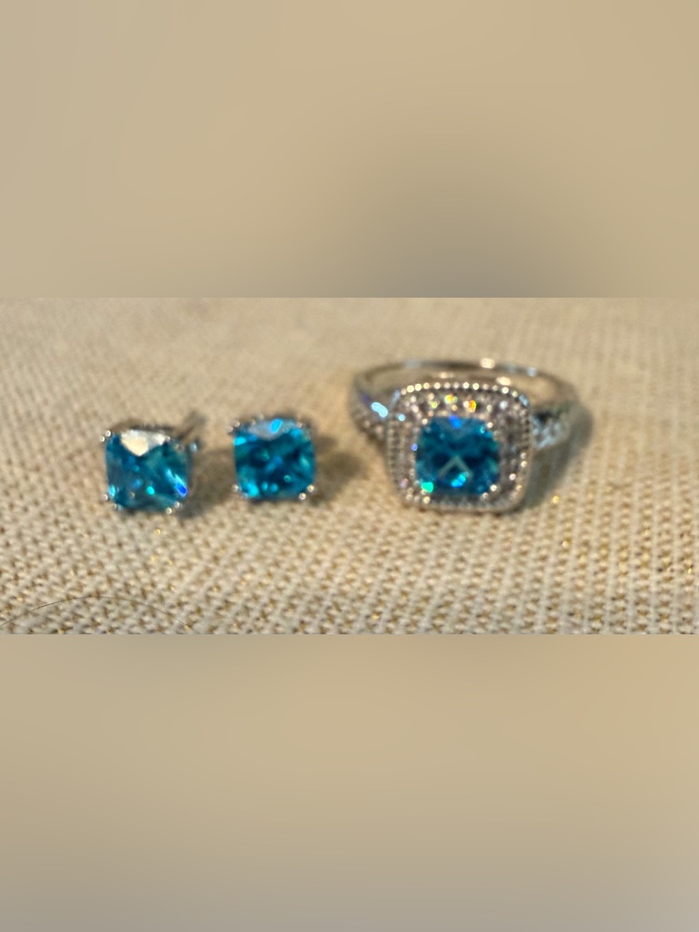 Sterling Silver Blue Topaz Halo Ring and Stud Earrings Set